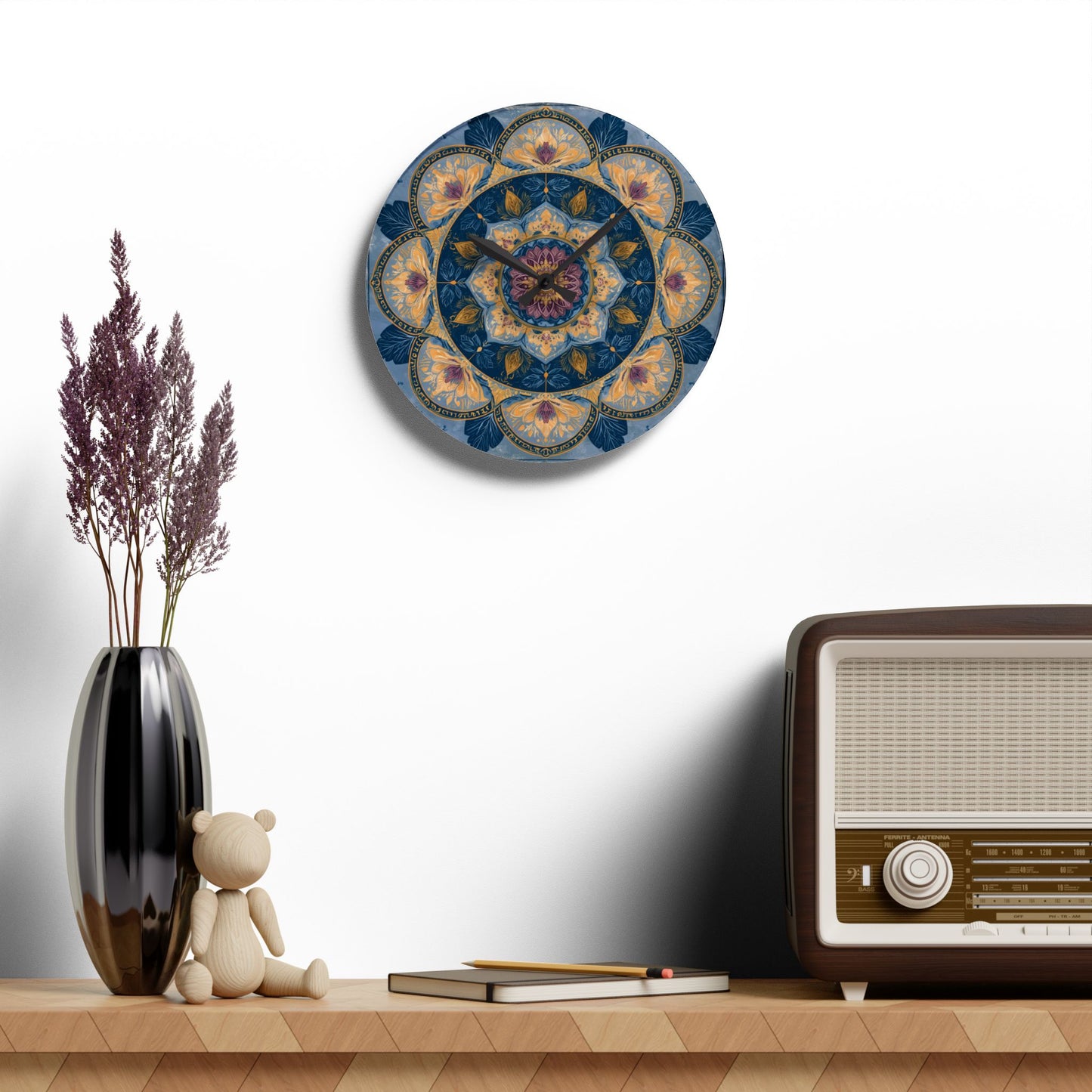 Mandala Floral Acrylic Wall Clock — Boho Blue Decorative Home Clock