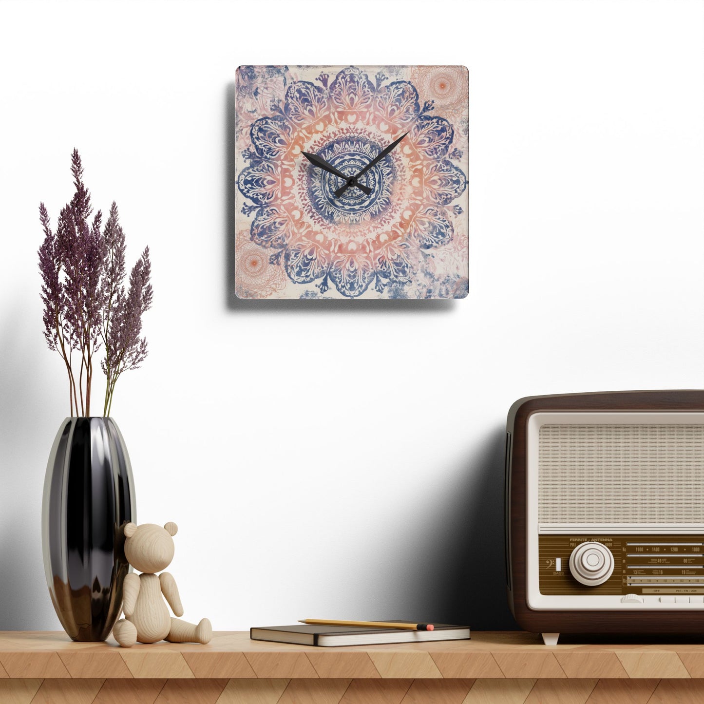 Mandala Acrylic Wall Clock — Boho Peach & Navy Decorative Clock