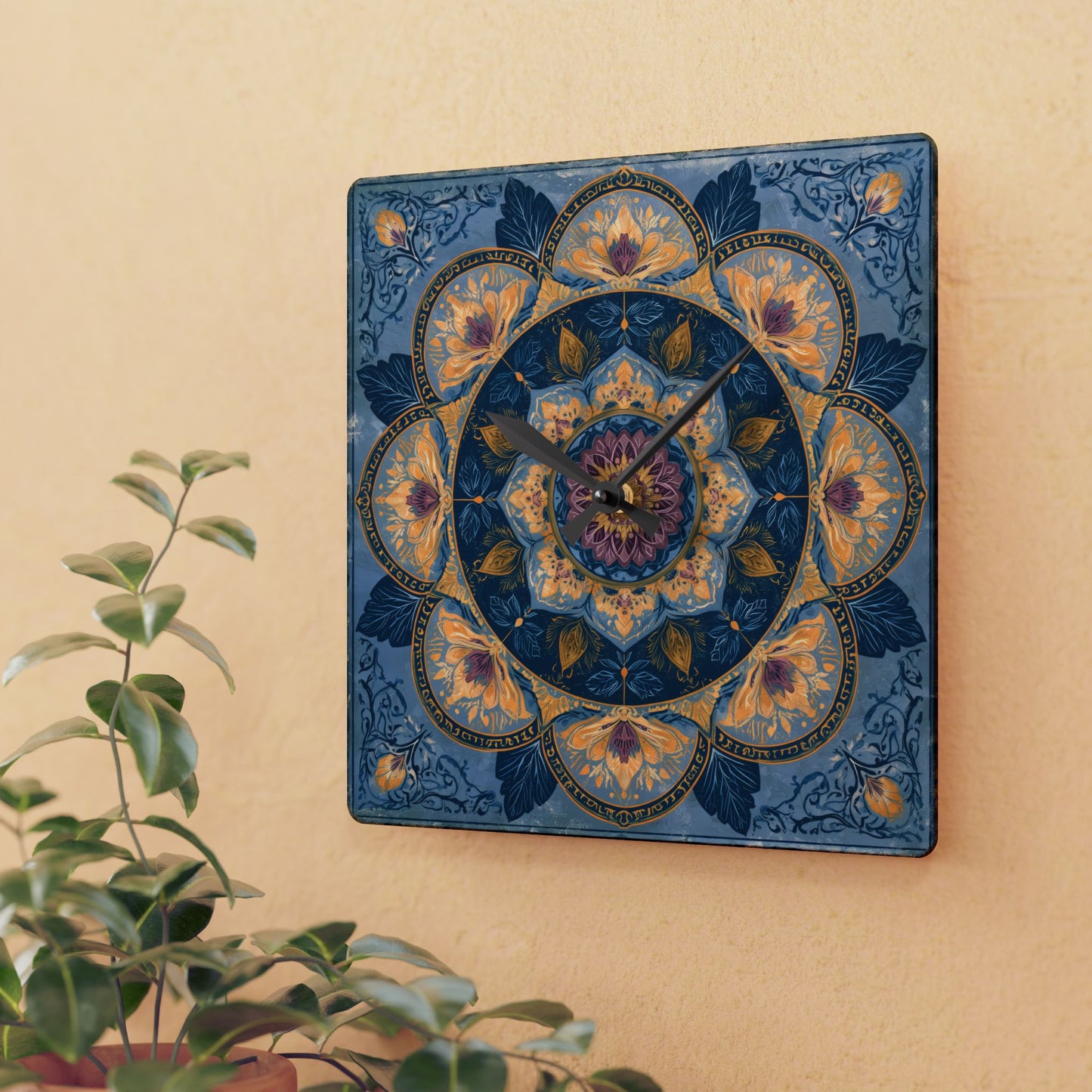 Mandala Floral Acrylic Wall Clock — Boho Blue Decorative Home Clock