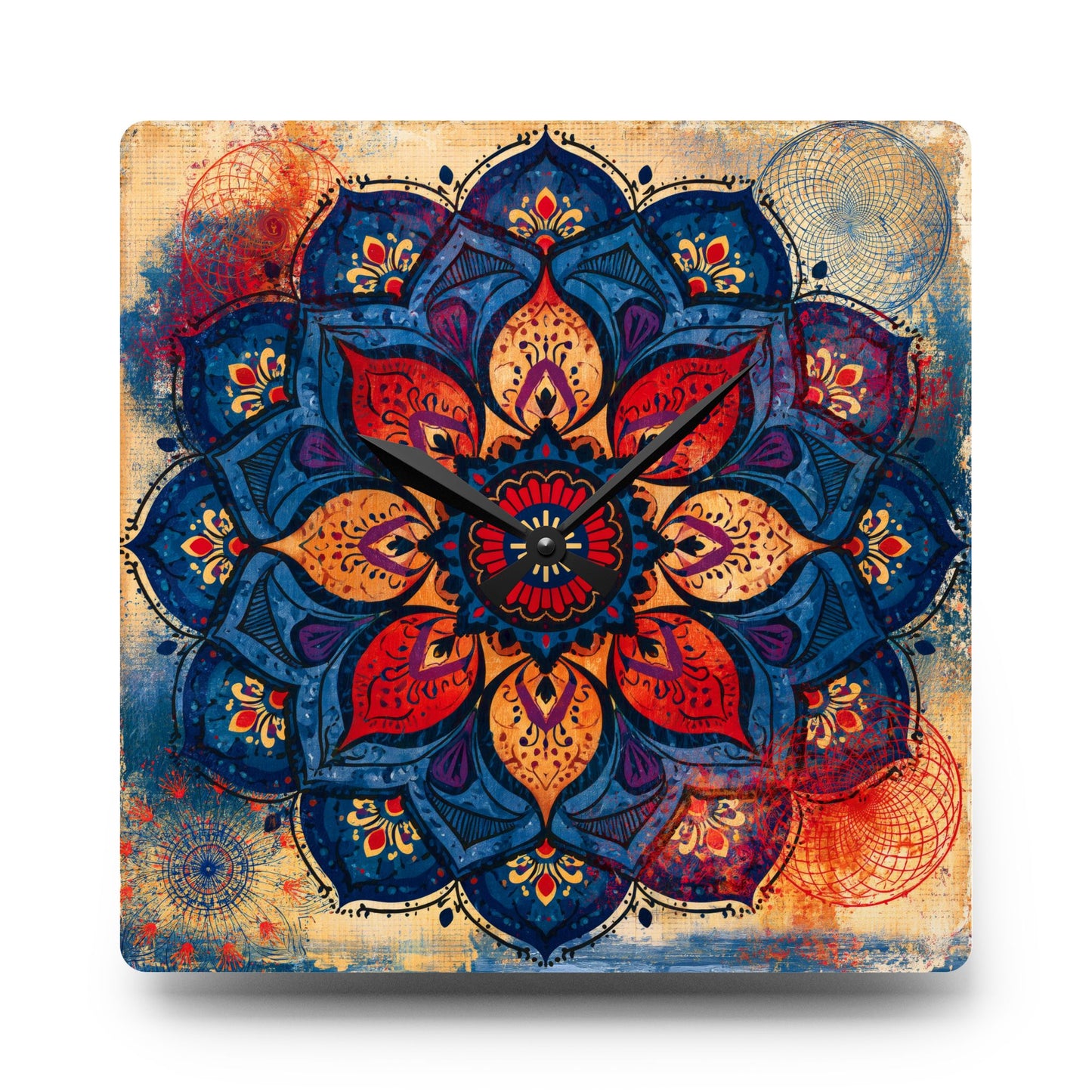Mandala Acrylic Wall Clock — Colorful Boho Floral Timepiece