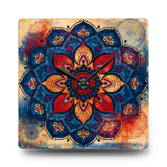 Mandala Acrylic Wall Clock — Colorful Boho Floral Timepiece