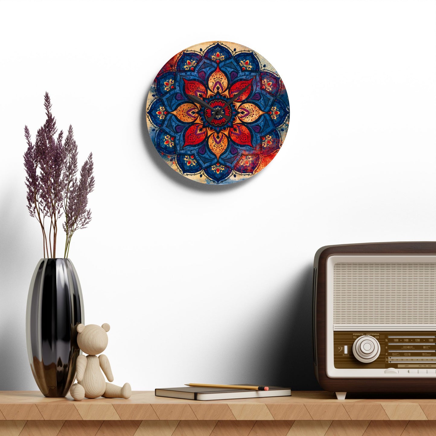 Mandala Acrylic Wall Clock — Colorful Boho Floral Timepiece