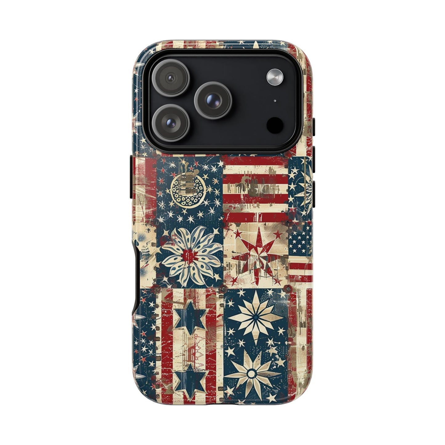 Patriotic Patchwork Phone Case — Vintage American Flag Stars & Quilted Design
