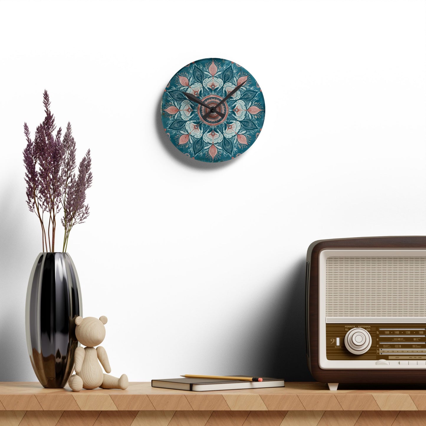 Mandala Floral Acrylic Wall Clock — Teal & Coral Boho Home Decor