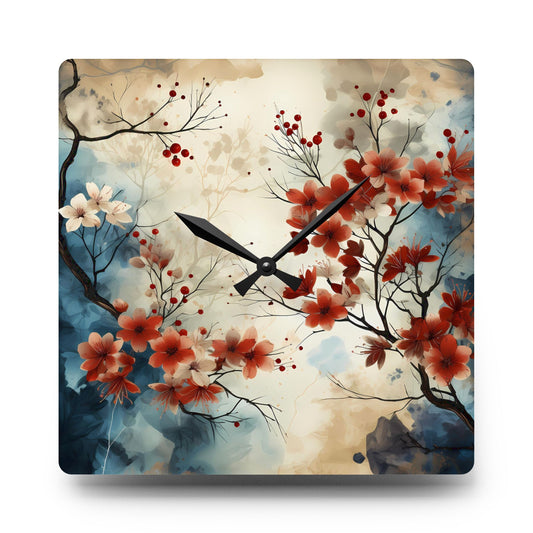 Floral Acrylic Wall Clock — Watercolor Cherry Blossom Home Decor