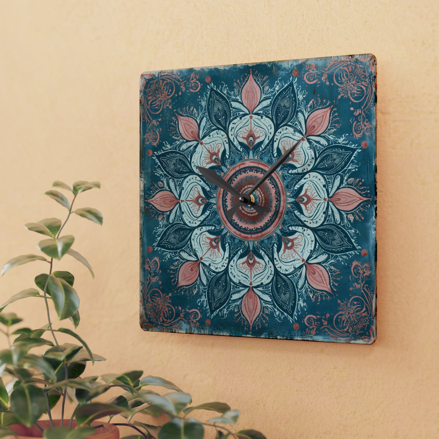 Mandala Floral Acrylic Wall Clock — Teal & Coral Boho Home Decor