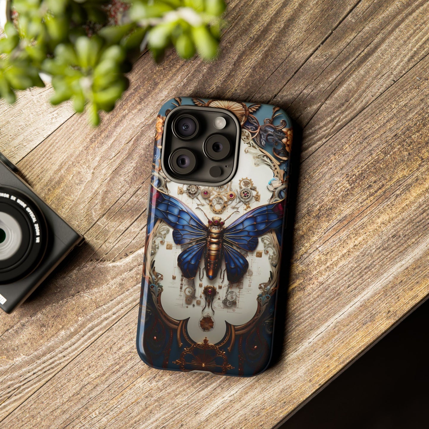 Blue Steampunk Cicada Tough Phone Case: Vintage Animatronic Insect Art for iPhone, Samsung Galaxy, and Google Pixel