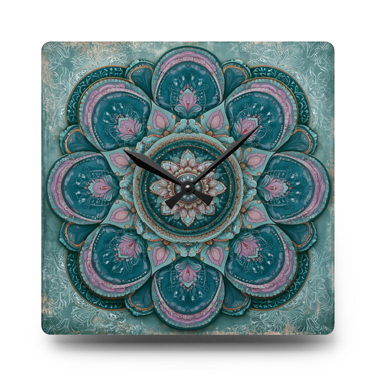 Mandala Acrylic Wall Clock – Teal & Pink Boho Decorative Clock