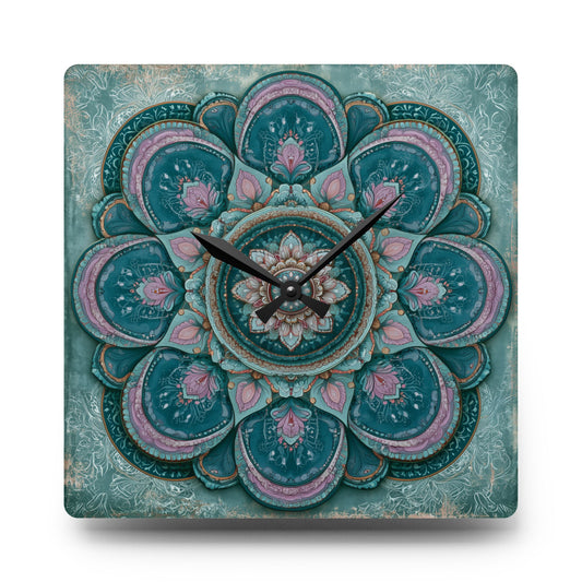 Mandala Acrylic Wall Clock – Teal & Pink Boho Decorative Clock