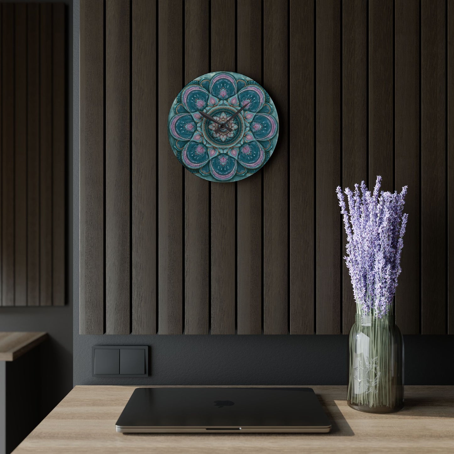 Mandala Acrylic Wall Clock – Teal & Pink Boho Decorative Clock