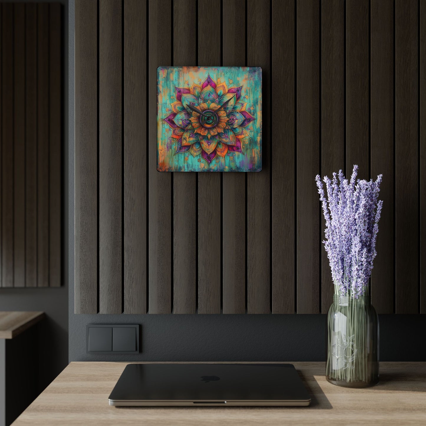 Mandala Acrylic Wall Clock — Boho Teal & Gold Decorative Clock
