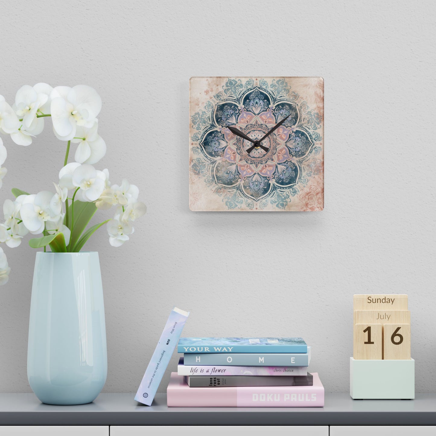 Boho Mandala Acrylic Wall Clock — Pastel Floral Decorative Clock