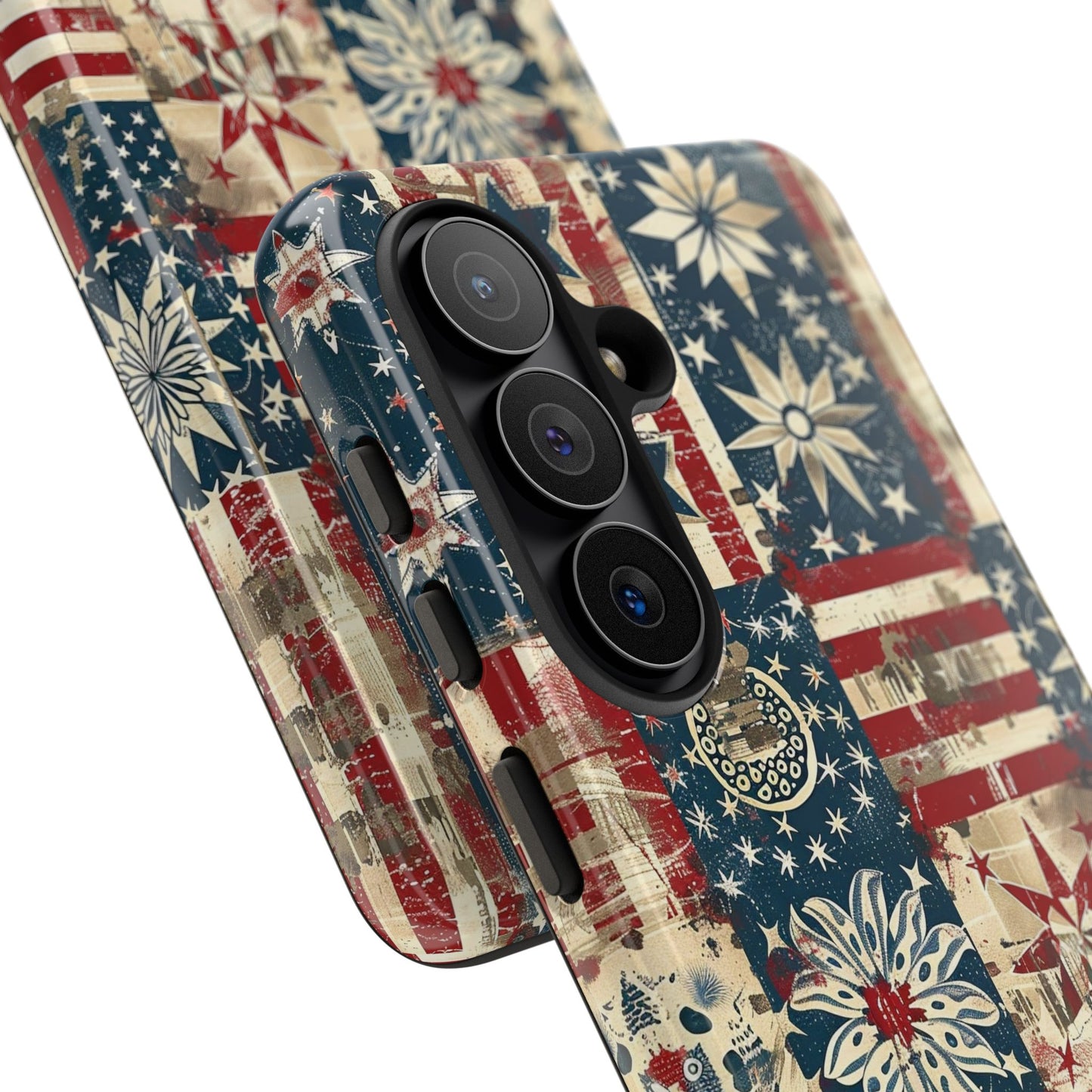 Patriotic Patchwork Phone Case — Vintage American Flag Stars & Quilted Design