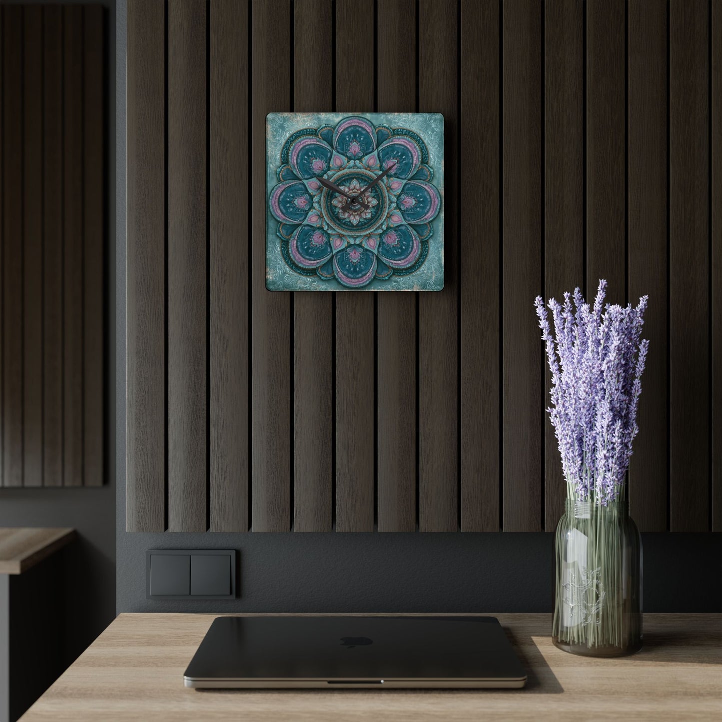 Mandala Acrylic Wall Clock – Teal & Pink Boho Decorative Clock