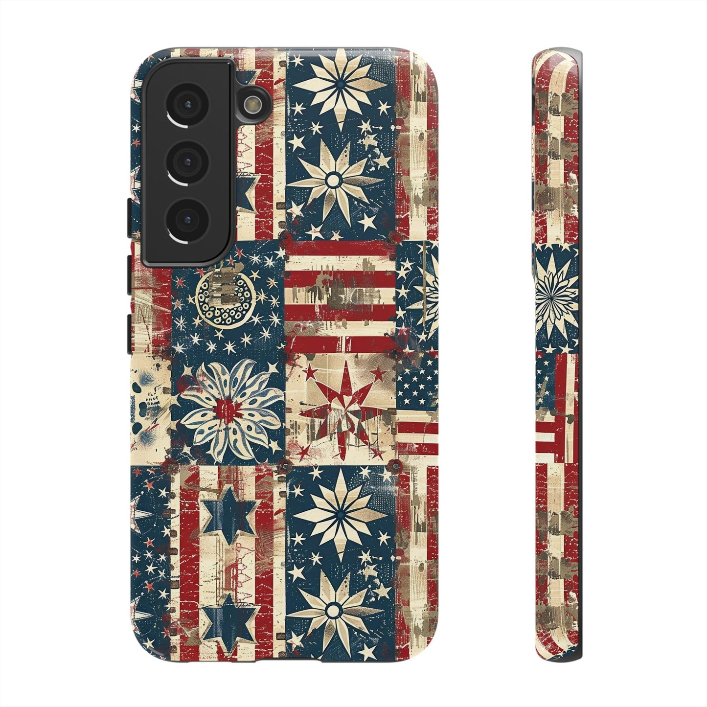 Patriotic Patchwork Phone Case — Vintage American Flag Stars & Quilted Design