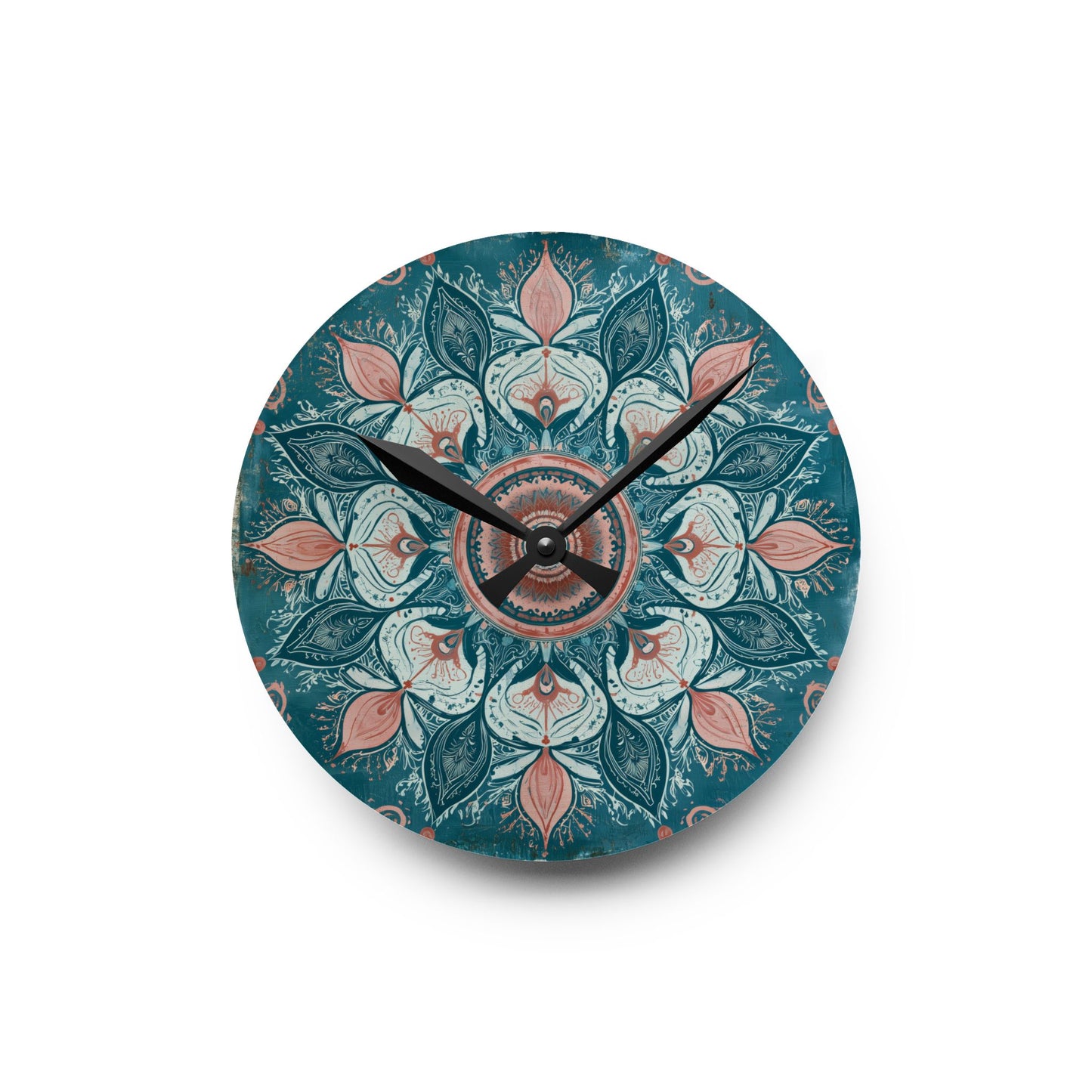 Mandala Floral Acrylic Wall Clock — Teal & Coral Boho Home Decor