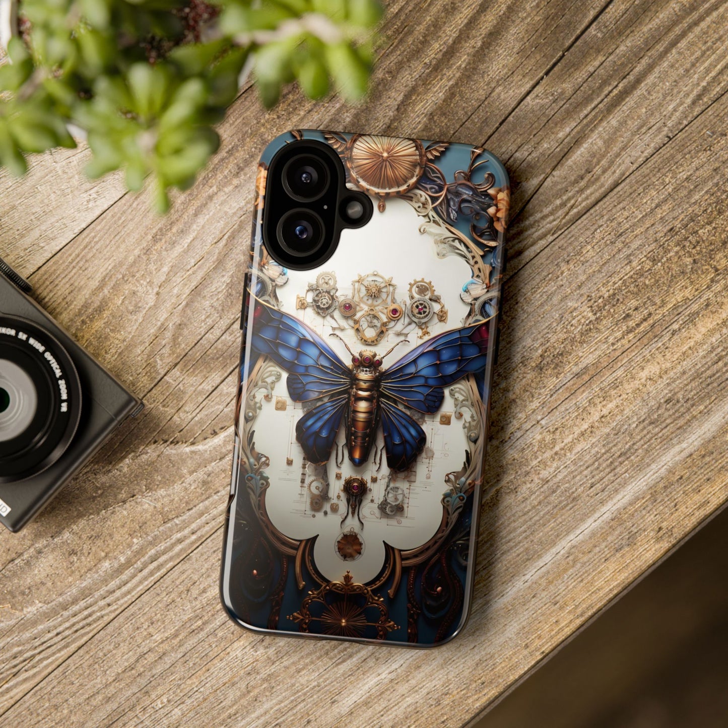 Blue Steampunk Cicada Tough Phone Case: Vintage Animatronic Insect Art for iPhone, Samsung Galaxy, and Google Pixel