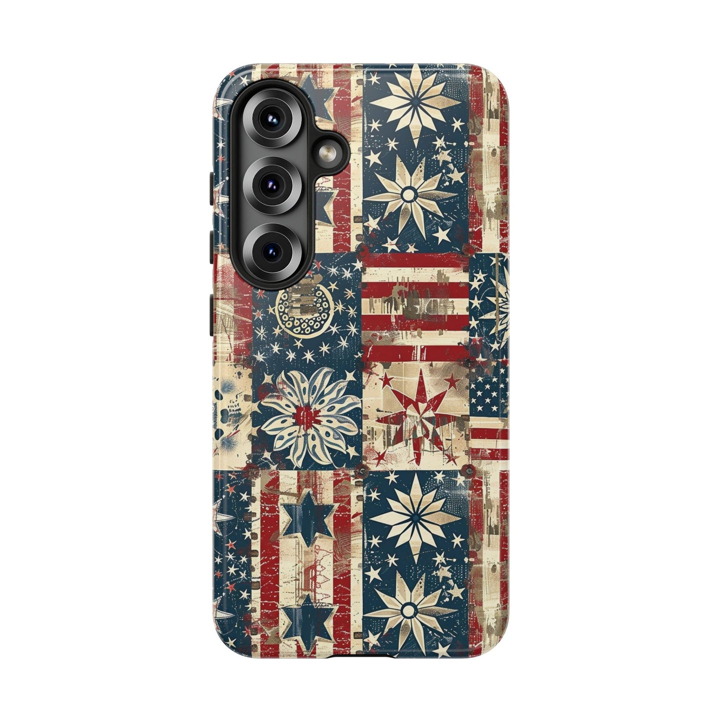 Patriotic Patchwork Phone Case — Vintage American Flag Stars & Quilted Design