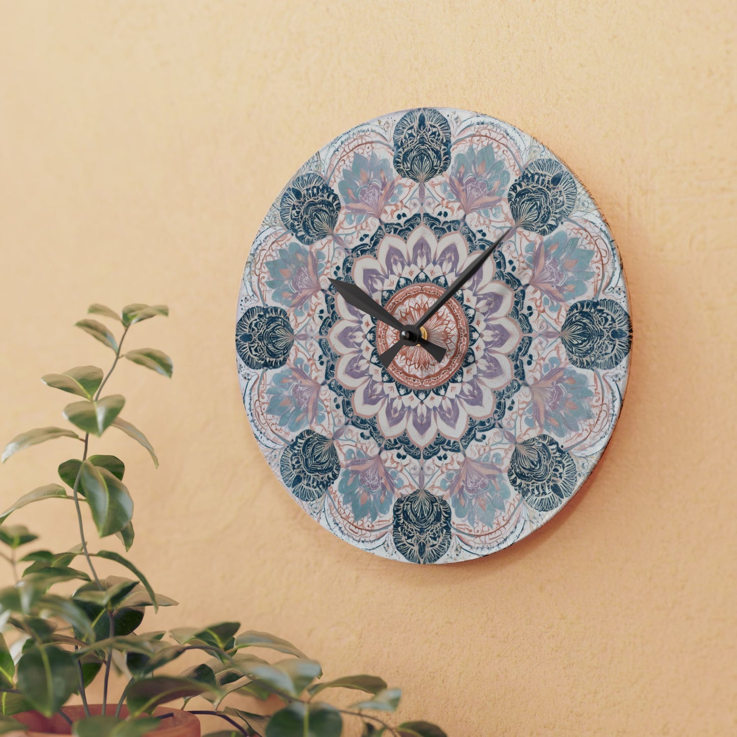 Mandala Acrylic Wall Clock — Boho Floral Decorative Clock