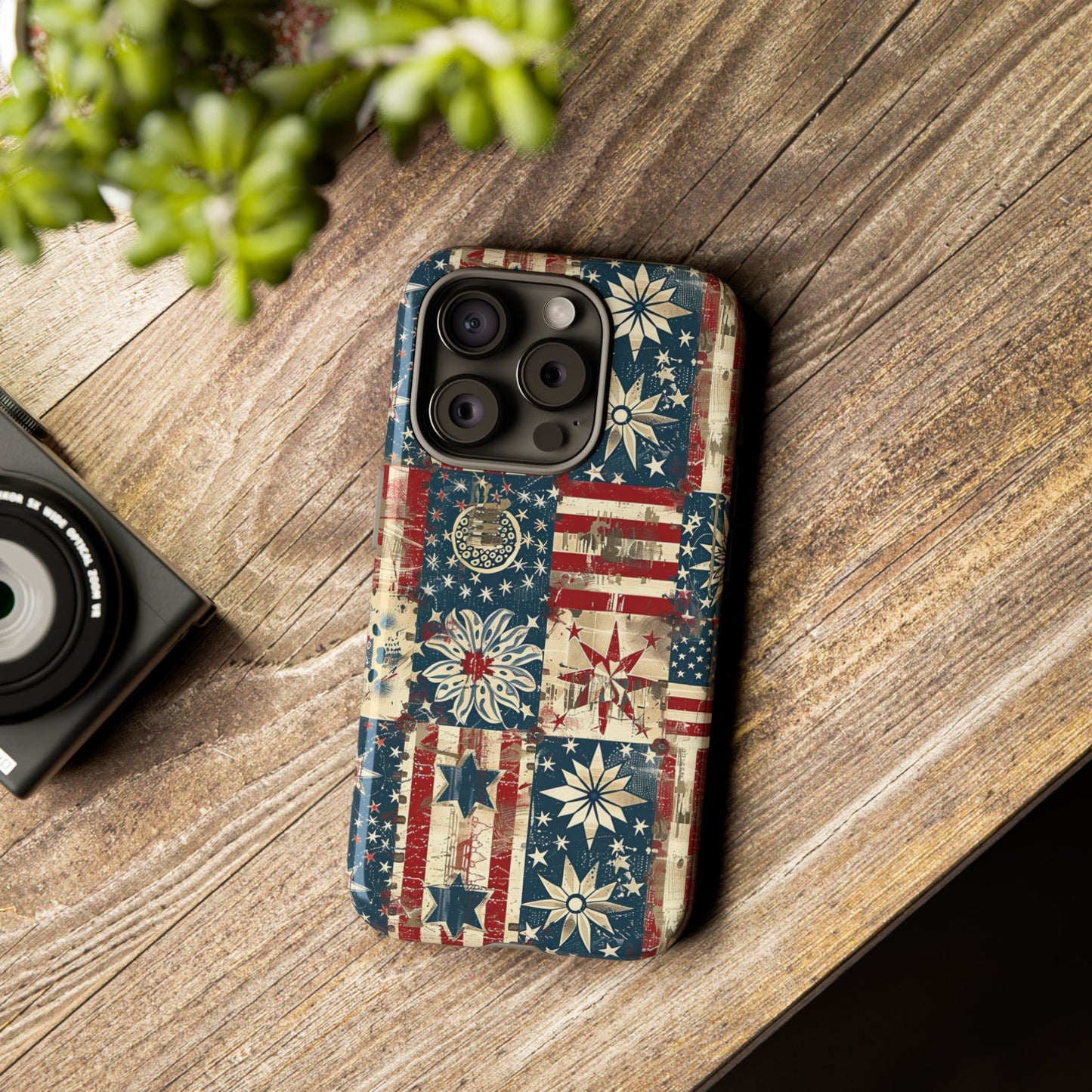 Patriotic Patchwork Phone Case — Vintage American Flag Stars & Quilted Design