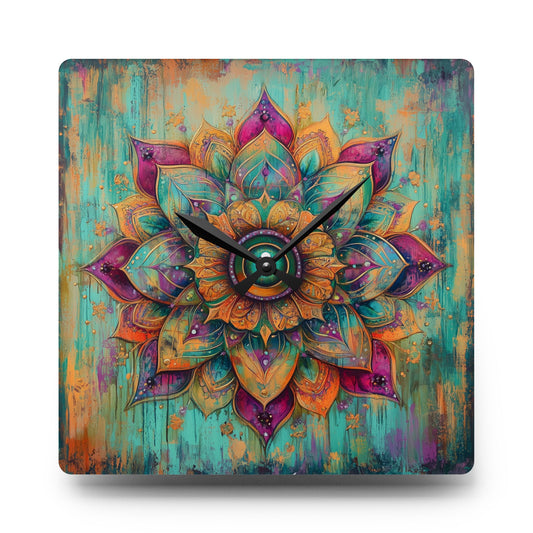 Mandala Acrylic Wall Clock — Boho Teal & Gold Decorative Clock
