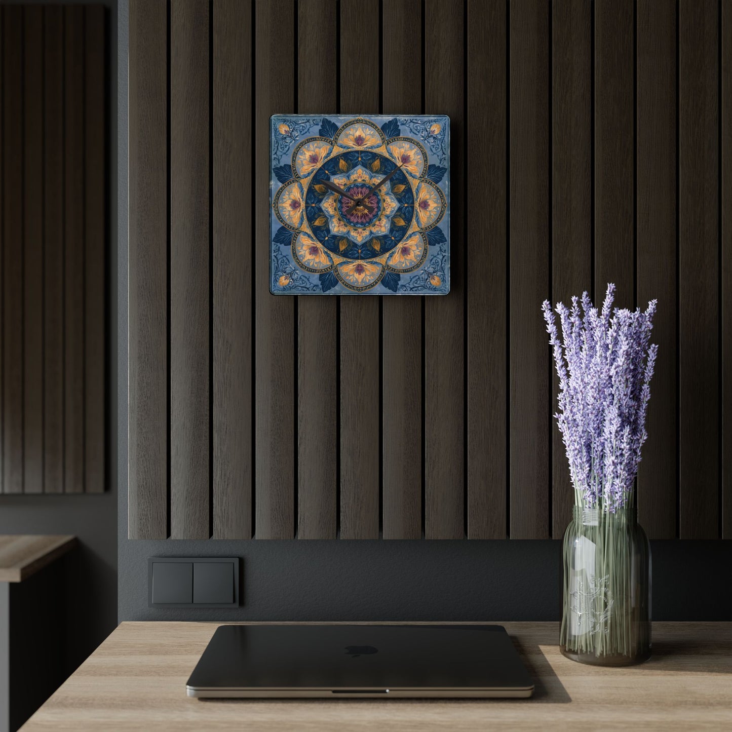Mandala Floral Acrylic Wall Clock — Boho Blue Decorative Home Clock