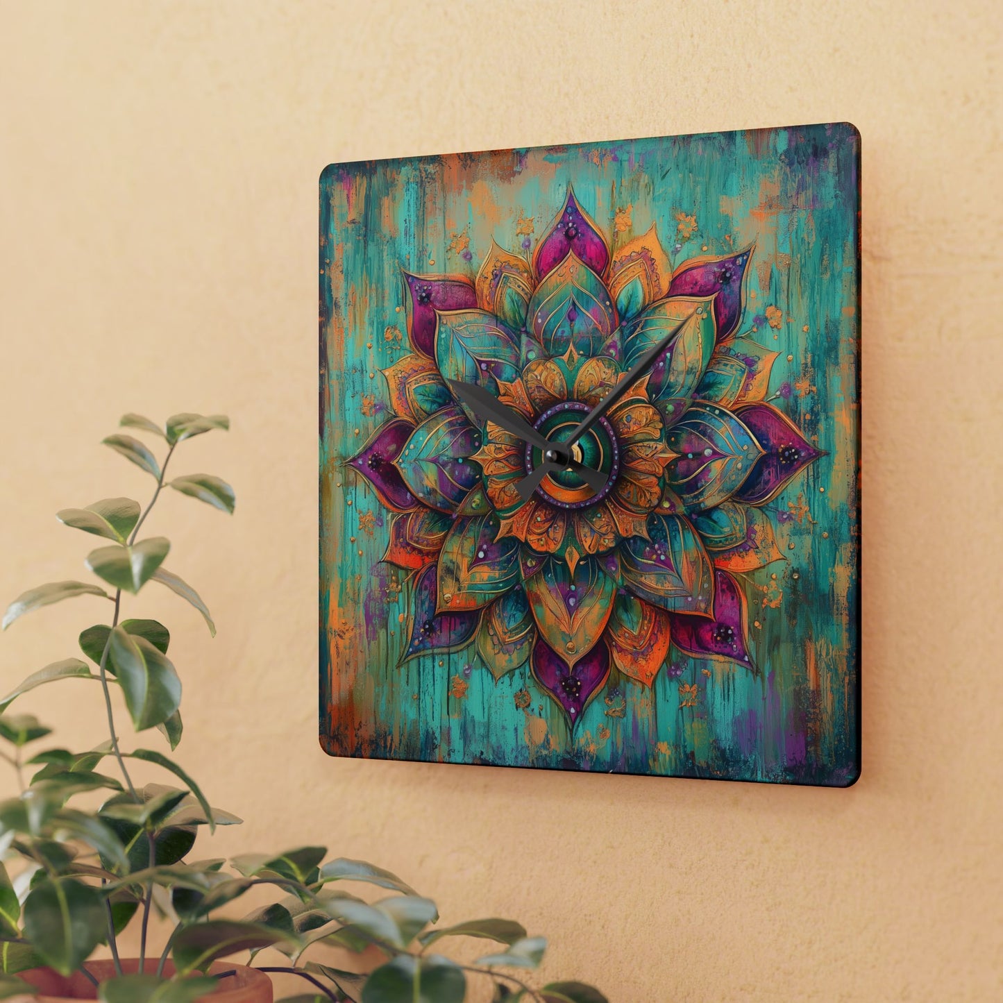Mandala Acrylic Wall Clock — Boho Teal & Gold Decorative Clock