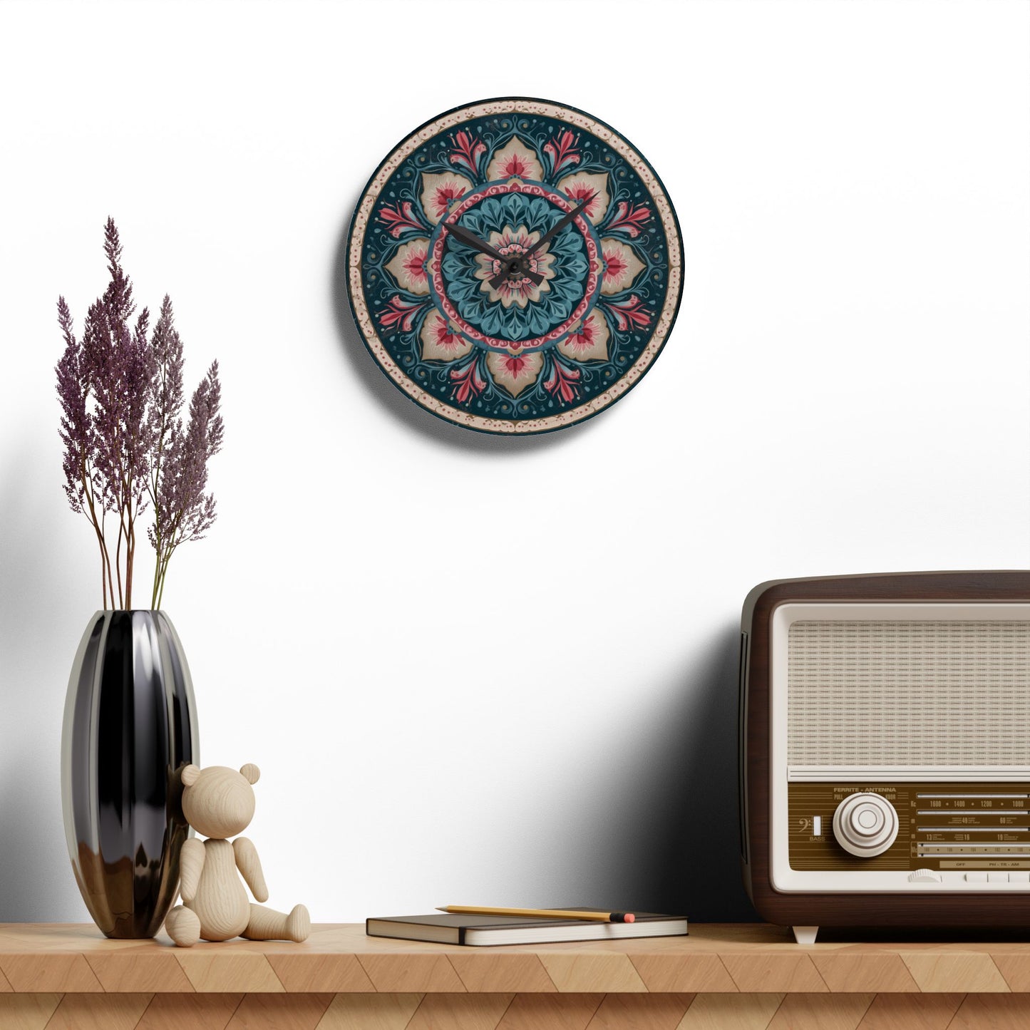 Bohemian Floral Mandala Acrylic Wall Clock — Decorative Home Accent