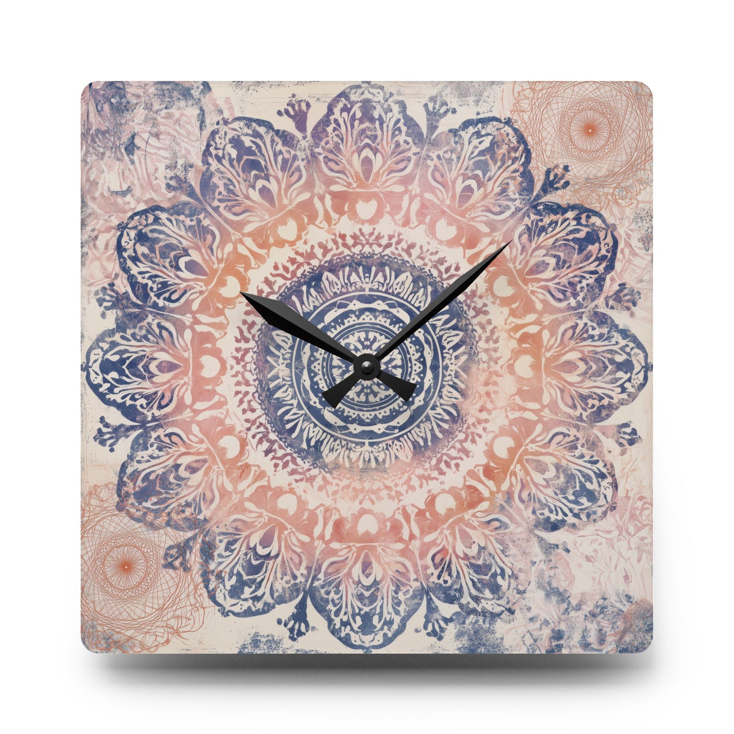 Mandala Acrylic Wall Clock — Boho Peach & Navy Decorative Clock