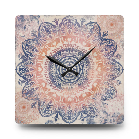 Mandala Acrylic Wall Clock — Boho Peach & Navy Decorative Clock
