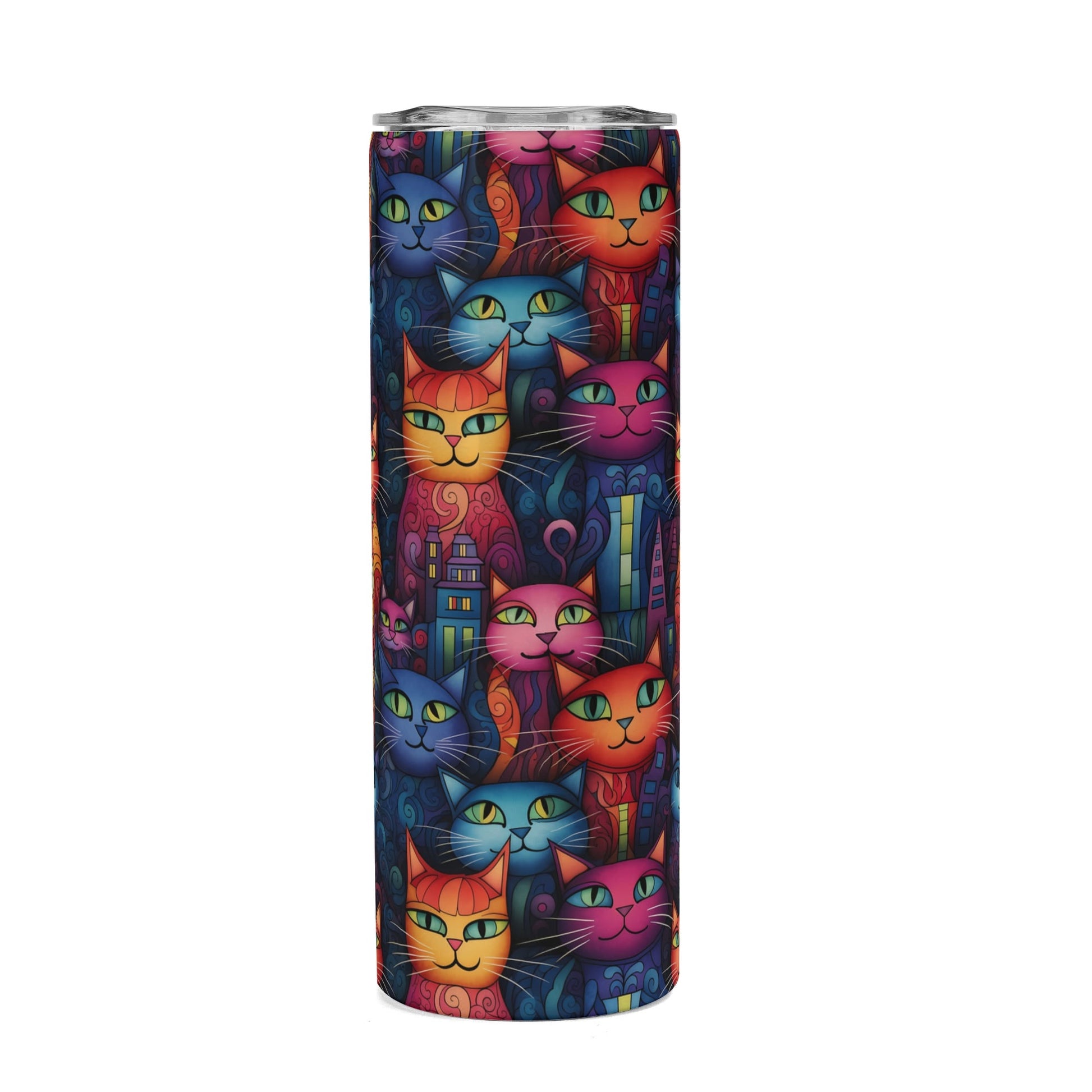Catropolis colorful cat city skinny tumbler with whimsical cat skyline artwork