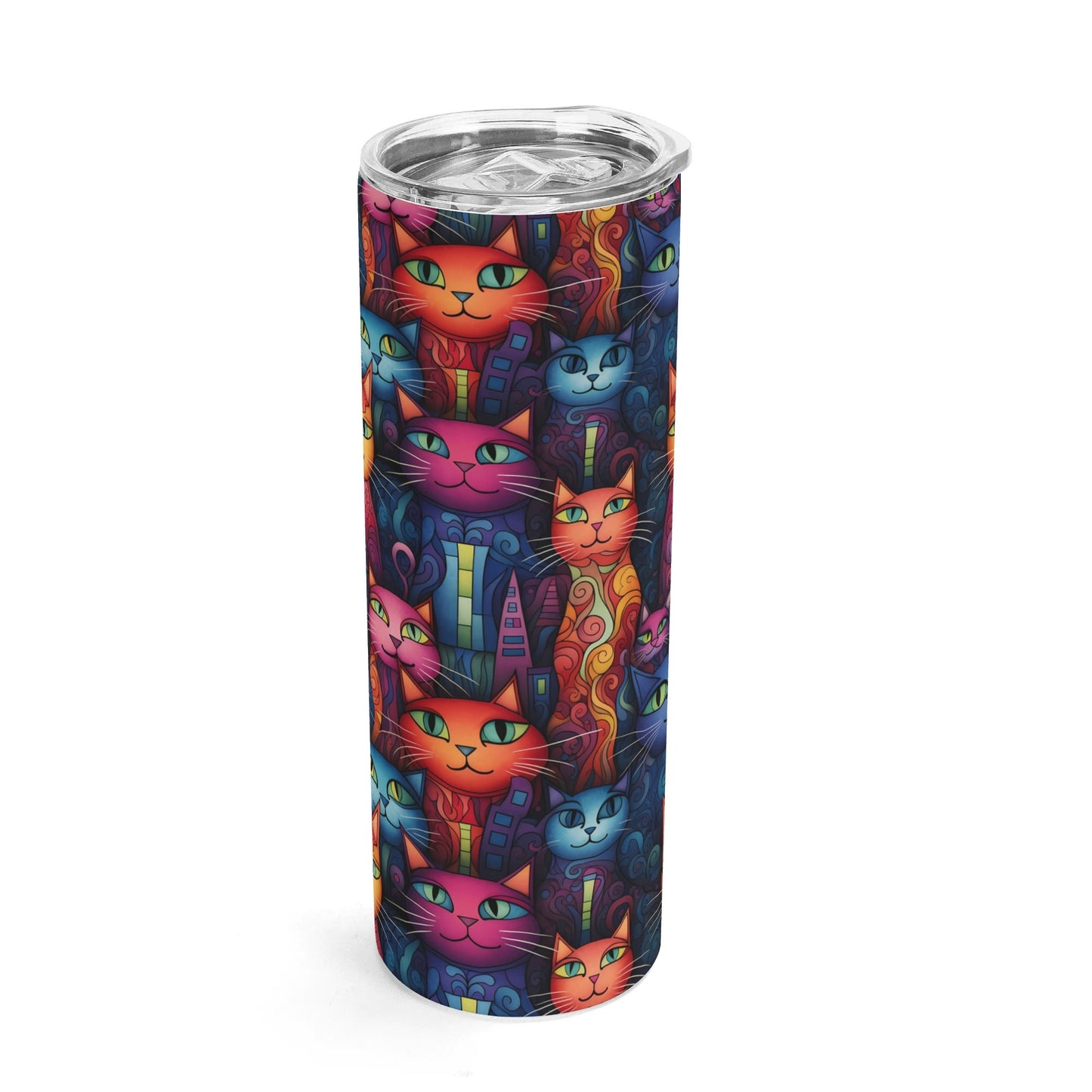 Tumbler with colorful cat pattern on a white background
