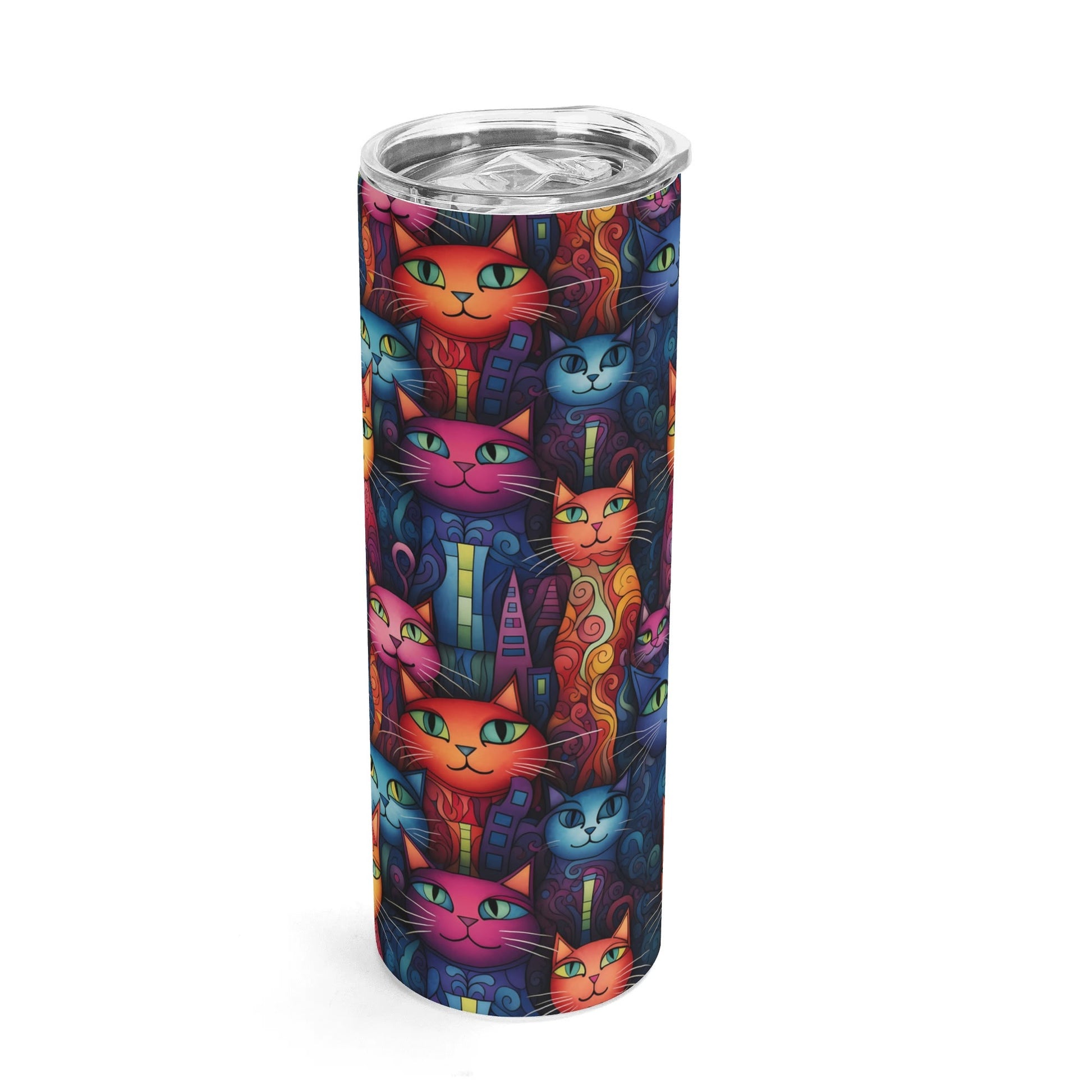 Tumbler with colorful cat pattern on a white background