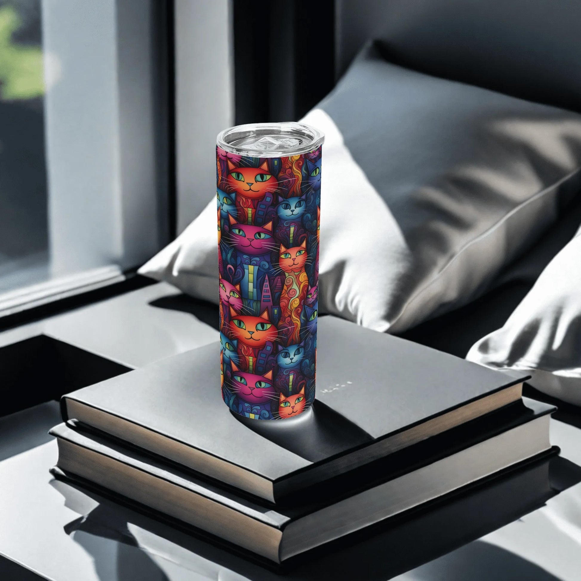 Colorful cat-patterned tumbler on a stack of books with a window and pillows in the background