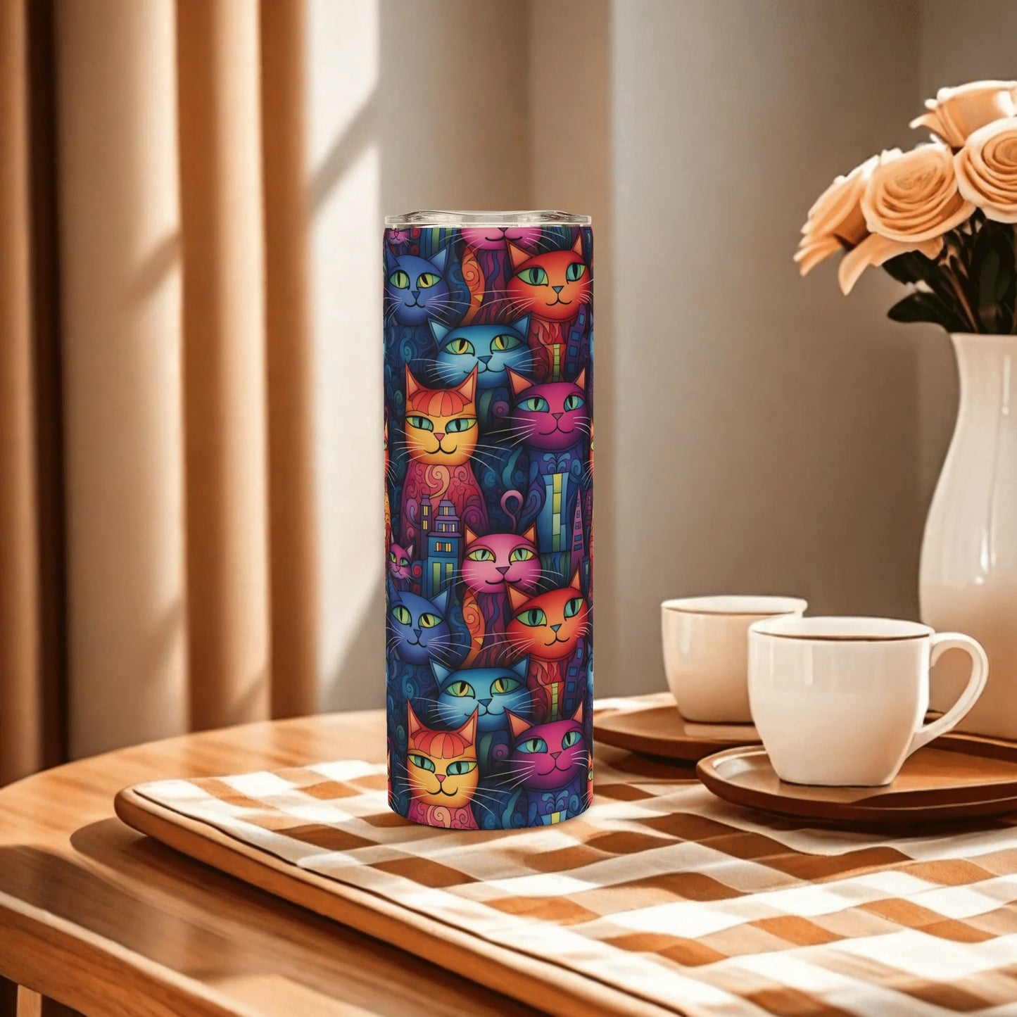Colorful cat-patterned tumbler on a wooden table with cups and flowers.