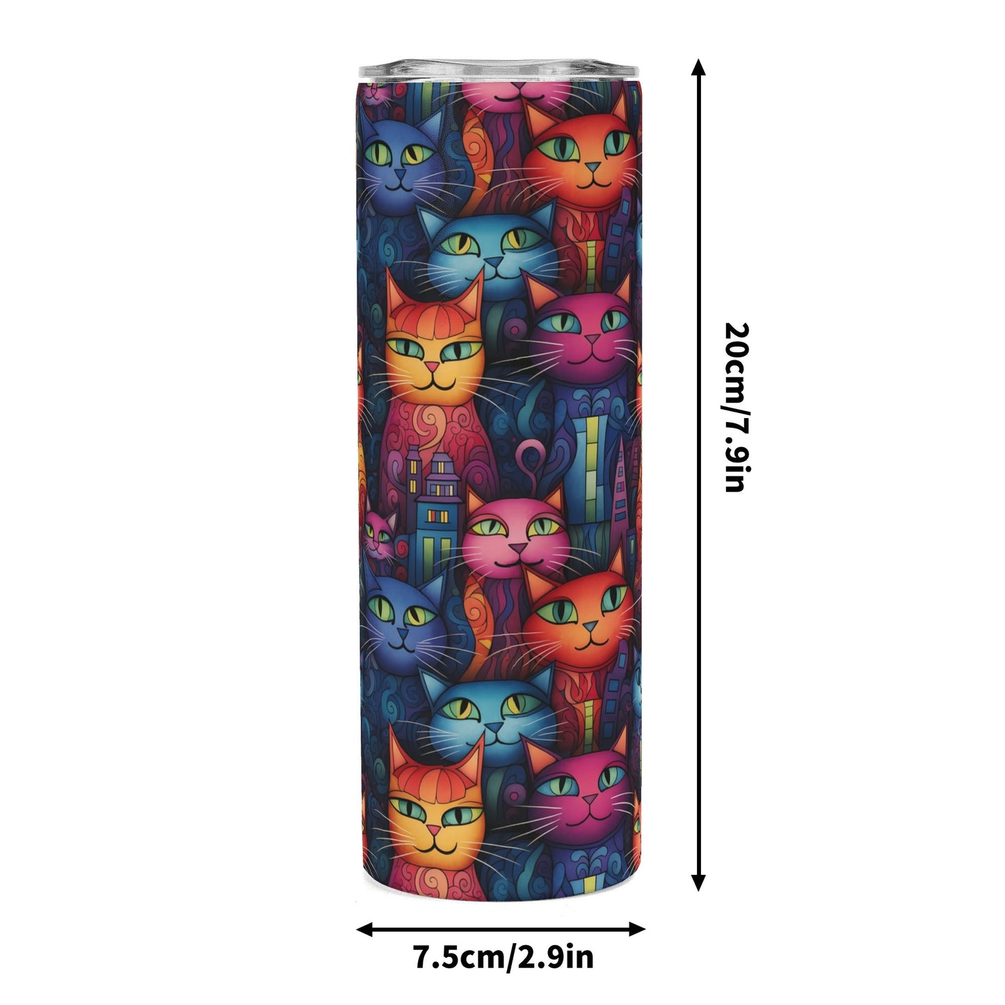 Colorful cat-patterned product with dimensions indicated on a white background