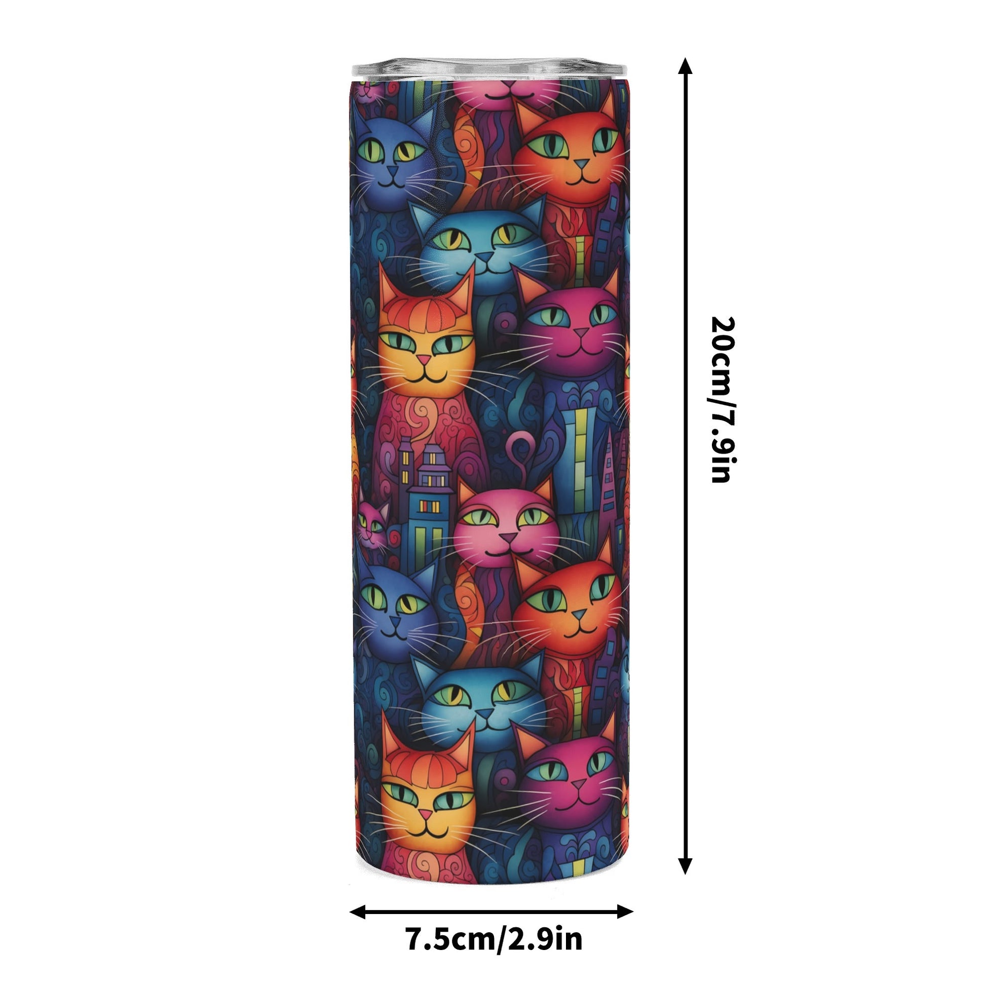 Colorful cat-patterned product with dimensions indicated on a white background
