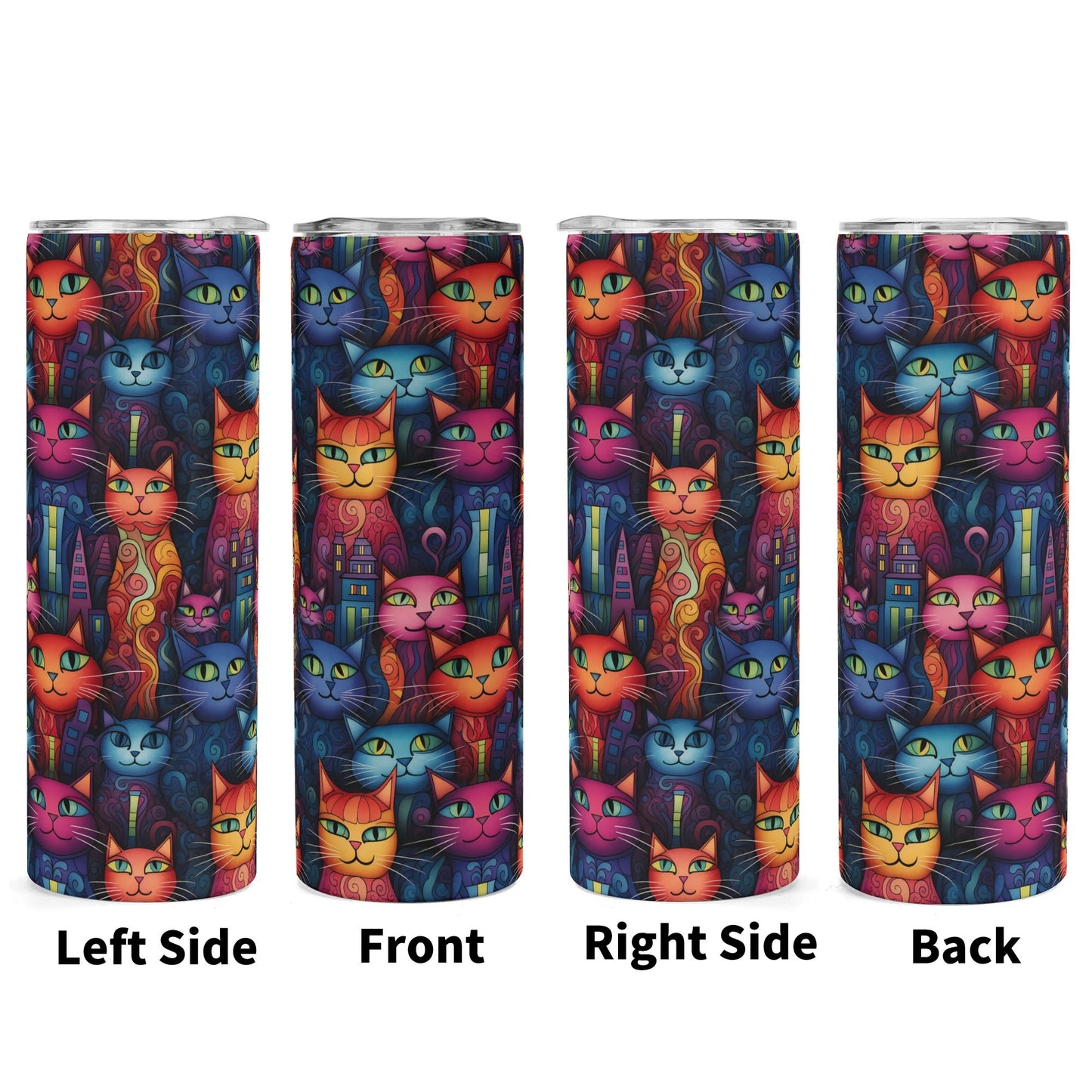Tumbler with colorful cat pattern on all sides