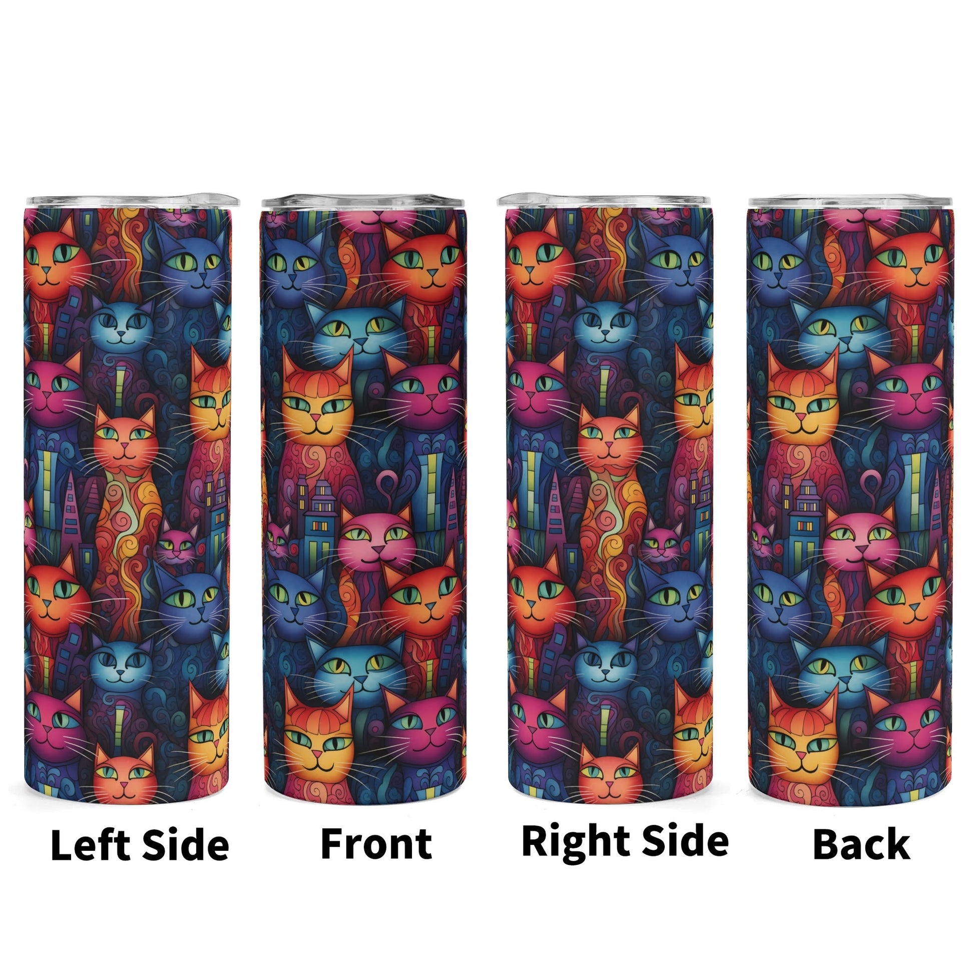 Tumbler with colorful cat pattern on all sides