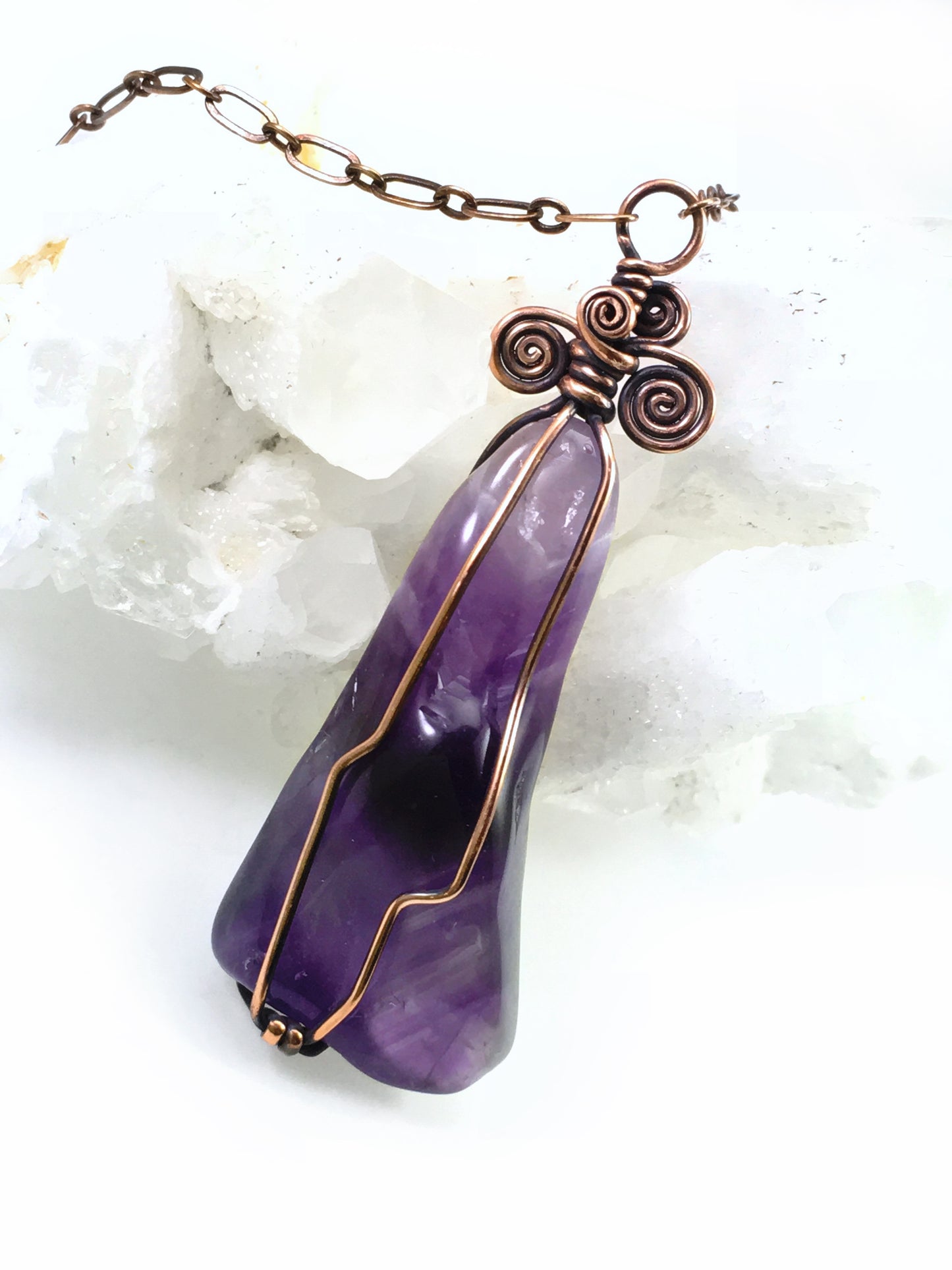 Chevron amethyst pendant necklace wire wrapped in oxidized copper with decorative spiral bail