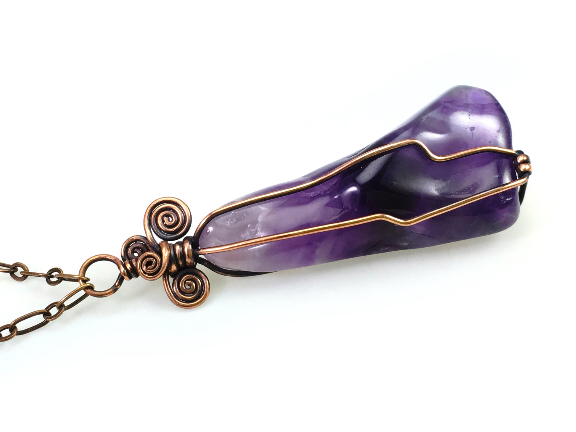 Chevron amethyst crystal pendant necklace with antiqued copper chain and spiral wire details