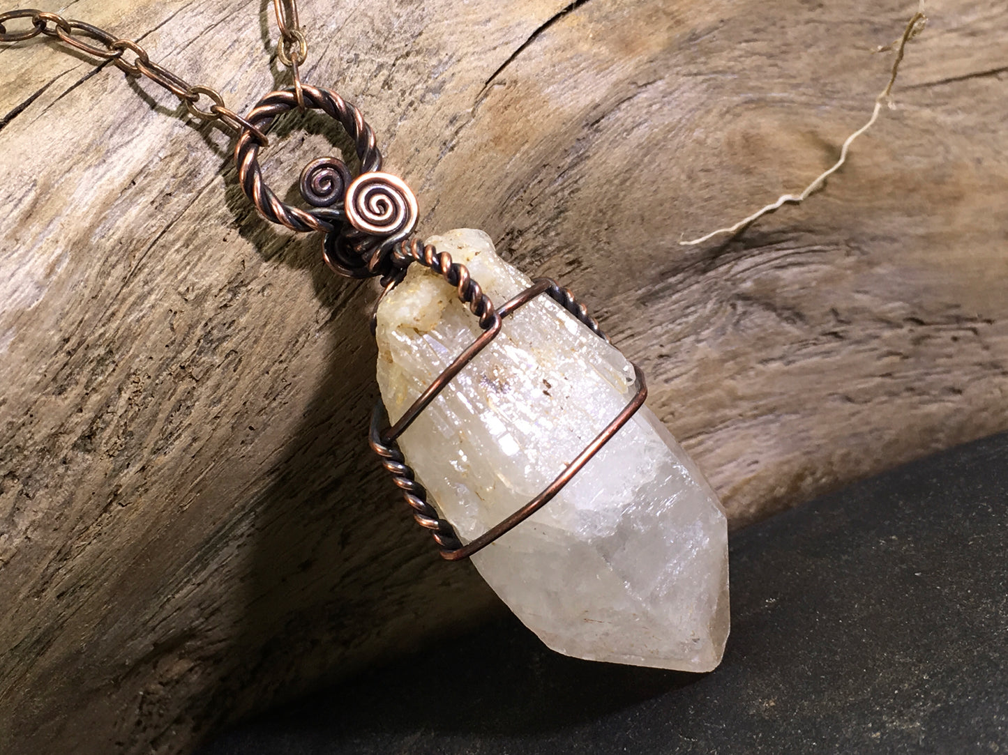 Raw natural citrine crystal pendant featuring unheated phantom candle quartz wire wrapped in oxidized copper