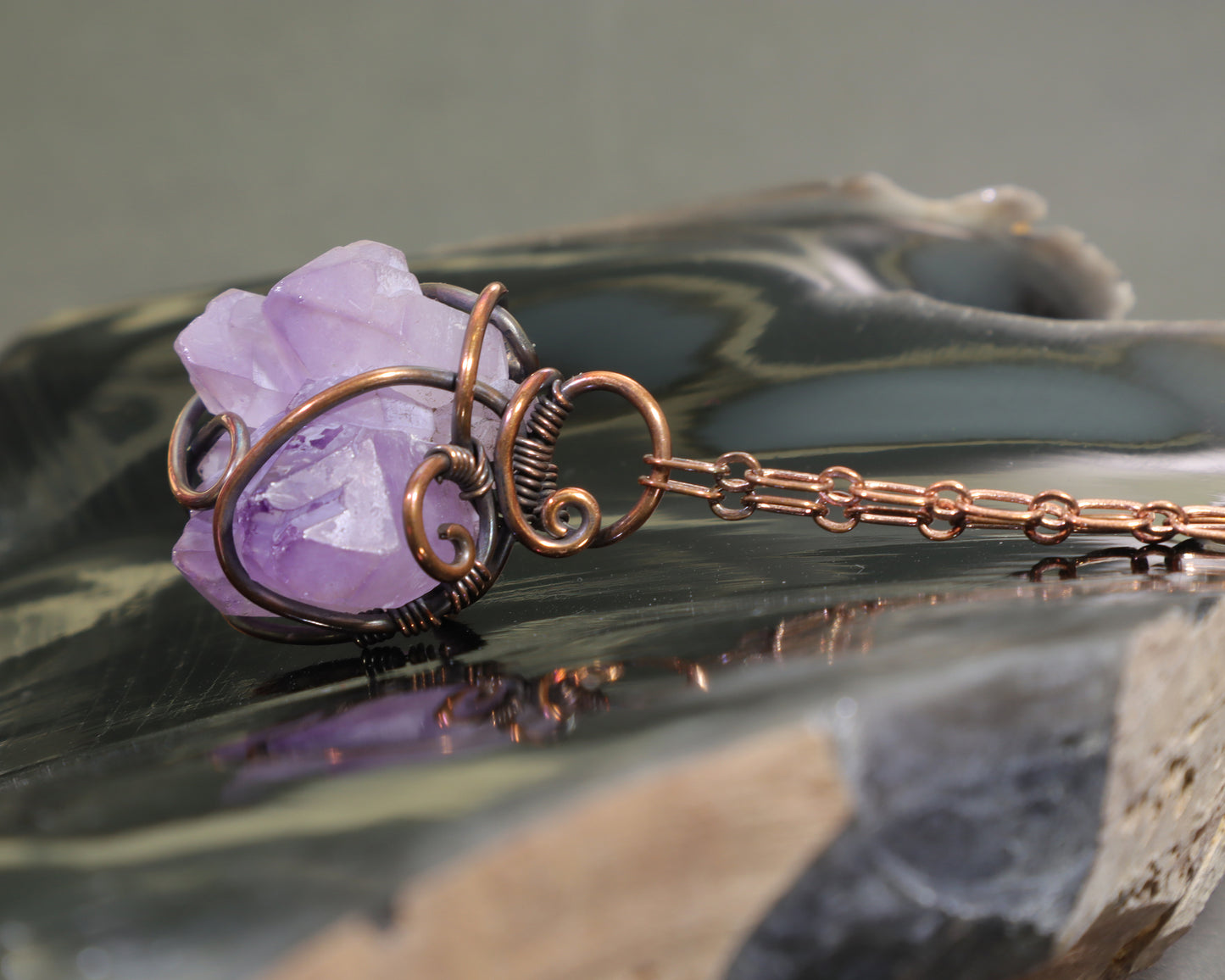 Natural purple raw amethyst crystal pendant necklace with adjustable copper chain