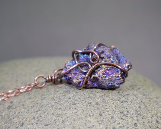 Peacock Ore Crystal Pendant Necklace, Wire Wrapped Bornite & Chalcopyrite, Handmade Oxidized Copper Gemstone Jewelry, OOAK Nickel Free
