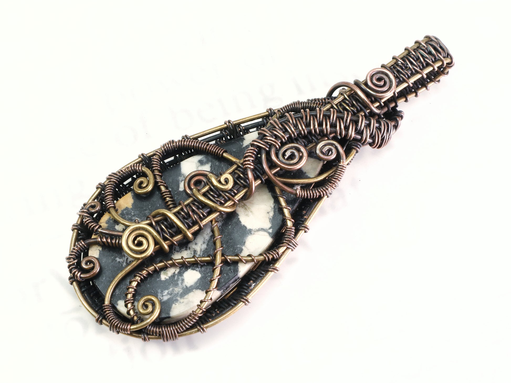 Back view of Rustic magnesite pendant handcrafted with mixed metals