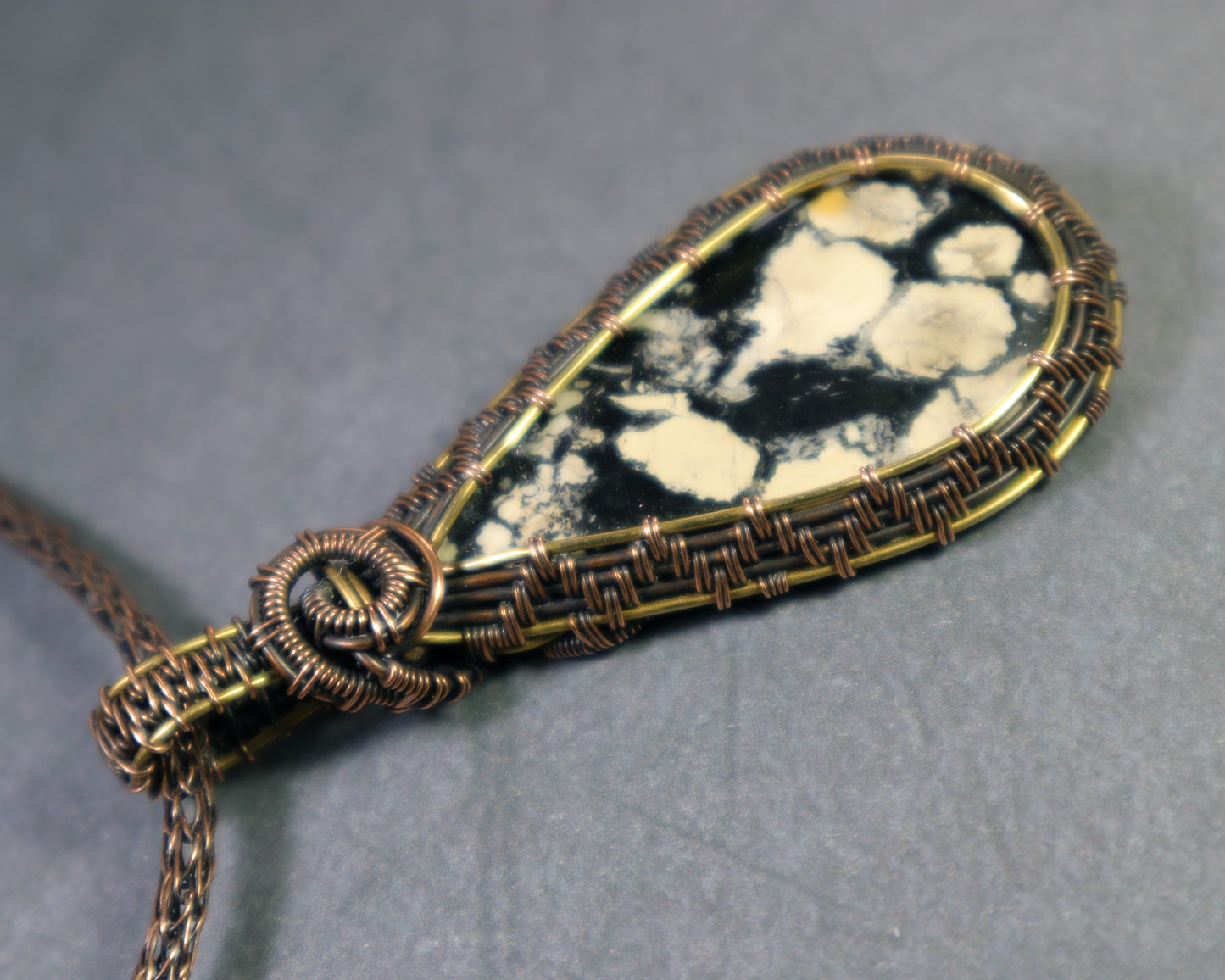 Handmade copper and brass pendant with natural magnesite stone
