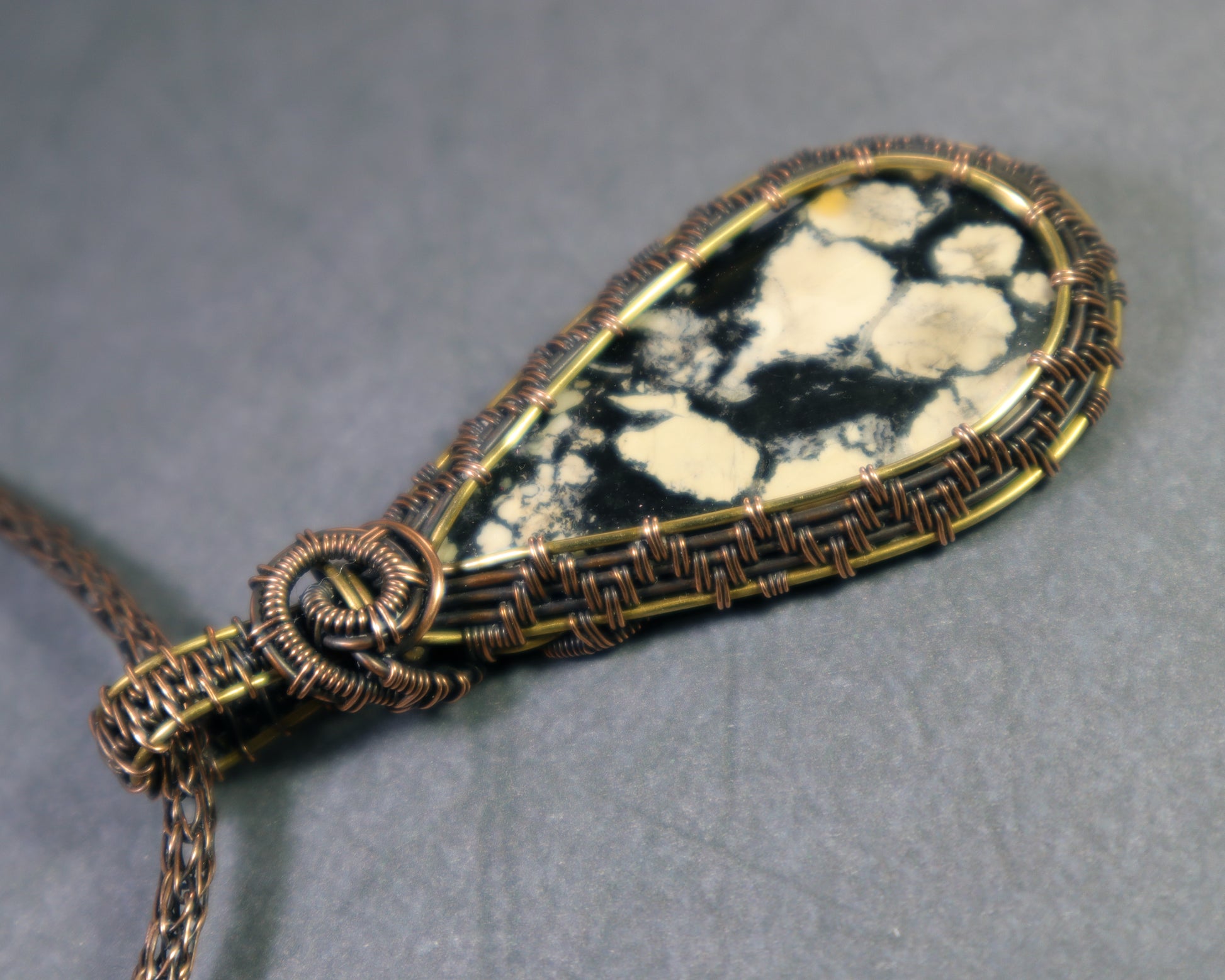 Handmade copper and brass pendant with natural magnesite stone