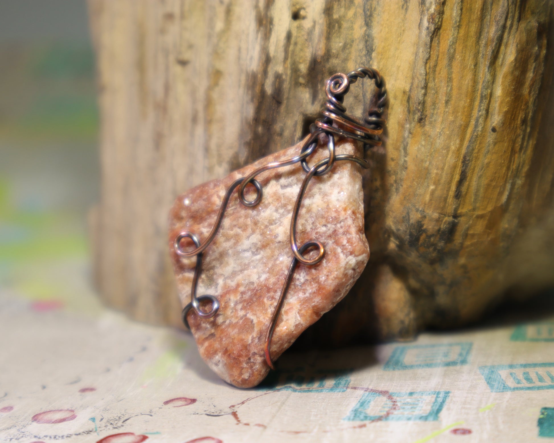 Sparkly muscovite pegmatite pendant with freeform copper wire design