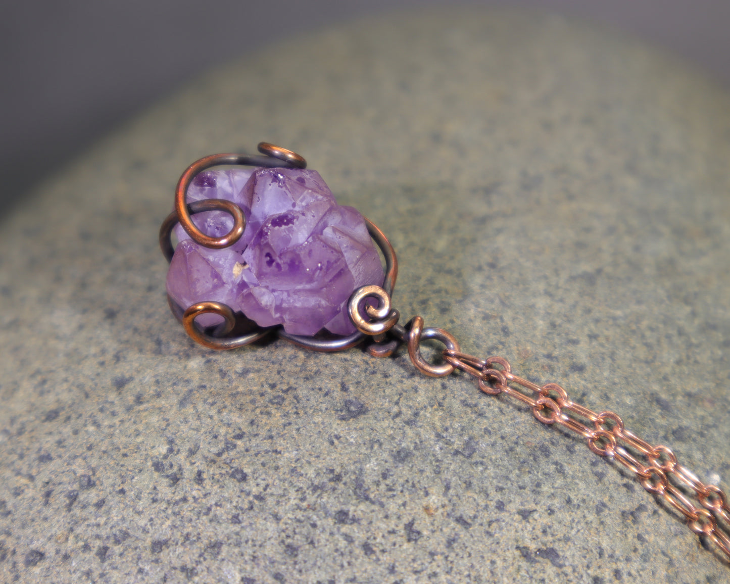 Natural elestial amethyst quartz gemstone pendant wire wrapped in copper