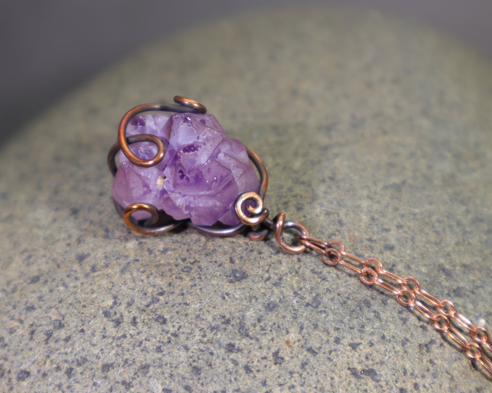 Natural elestial amethyst quartz gemstone pendant wire wrapped in copper